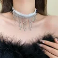 Elegant white faux fur choker necklace with sparkling dangling rhinestone tassels - Black Bow Tassel Style (31#)