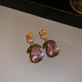 Elegant pear-shaped pink zircon earrings with green leaf accents and gold plating - Silver Needle Style (60#) / Gold-Pink-Yellow