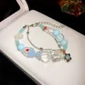 Dopamine colorful ceramic beaded bracelet with rose floral charm and silver chain - Blue Beads with Rose (29 Bracelet)