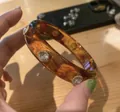 Elegant amber tortoise shell acrylic bangle featuring sparkling inlaid clear rhinestones - Rhinestone Inlaid Tortoise (77#) / Coffee & White