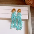 Bohemian style natural blue stone beaded long drop earrings with gold-toned round studs - Gold Hammered Silver Post Style / Blue