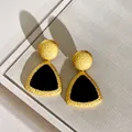Elegant vintage gold-textured earrings with black triangle inlay and hammered finish - Stud Earrings (Silver Post) (Gold-Black)