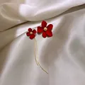 Elegant red matte flower asymmetric earrings with gold long tassel on shimmering silk - 30# Silver Pin-Gold-Red