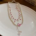 Collier multicouche élégant avec perles, strass roses et pendentif papillon rose. - 8# Collier-Papillon Rose Perle