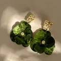 Elegant forest-style green flower drop earrings with textured gold studs for women - 40# Mint Green Petals