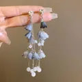 Elegant blue-grey floral tassel drop earrings with sparkling heart-shaped stud posts - 56# Gradient Mesh Tassel