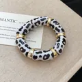 Trendy acrylic leopard print beaded bracelet featuring polished gold-tone metal spacer rings - Round Patchwork Style (43#) / White Marble