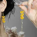 Elegant forest style yellow flower tassel earrings featuring multi-layered petals and gold chains - Ear Hook Style (3#)