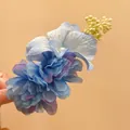 Close-up detail of blue fabric flower hair clip with elegant pearl and yellow berry accents - Duckbill Clip Blue (Single) / Blue