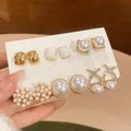 Elegant pearl and gold-tone enamel earring set featuring rhinestone accents and French style - 3# Silver Post Style