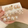 Elegant set of multi-pair gold-toned pearl earrings featuring sparkling crystal rhinestones - 7# Silver Post Style