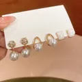 Detail view of French style pearl earring set with gold-tone plating and rhinestones - Style 15 Silver Post