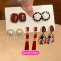 Detailed view of 5-pair vintage style earring set featuring camellia flowers and pearls - 22# Silver Needle Style