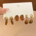 Close-up of vintage amber resin gold earring set featuring French elegant design - 26# Silver Needle Style