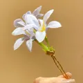 Detailed macro view showing delicate purple fabric flower petals on a golden hair pin - Hair Stick Gold-Blue / Blue