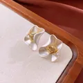 Elegant French shell-style stud earrings with gold geometric center and silver needles - Style 41 / White-Gold