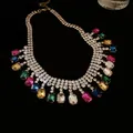 Macro detail view of luxury statement necklace featuring colorful geometric crystal charms - Colorful