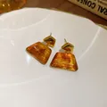 Vintage Maillard-style amber earrings with tiger-eye texture and golden elements. - 56# Silver Earring Post - Gold/Brown