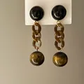 Elegant vintage Maillard style tiger eye stone resin chain drop earrings for women. - 74# Silver Post - Gold Black Coffee
