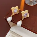 Orecchini vintage stile francese con perla a goccia e pietra preziosa color lavanda - 34# Stile Stella a Croce