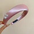 Sophisticated silky pink padded headband featuring three white pearl decorations - 8# Headband-Pink