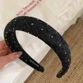 Padded black denim headband with sparkling rhinestones for high cranial top style. - 45# Headband-Blue Rhinestone Stripe