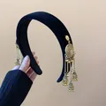 Retro black velvet padded headband featuring elegant vintage gold metallic dangling charms - 53# Headband-Black Gold Tassel