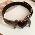 Macro view of vintage winged heart buckle belt with ornate embossed patterns - 38# Waist Chain - Coffee Heart
