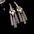 Elegant silver needle dangle earrings with teardrop crystals and long chain tassels - Water Drop Tassel Style (HE24604) / Silver