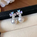 Elegant flower pearl stud earrings with colorful heart-shaped cubic zirconia detail - Multicolor Flower Style