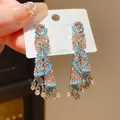 Detail of vintage palace style tassel earrings with blue and pink crystals and beads. - 18# Silver Needle - Silver - Green - Pink