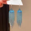Long blue zircon tassel earrings with silver needles for women stylish vintage accessories - Ear Hook Style (38#) / Blue