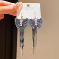 Vintage butterfly tassel earrings featuring blue zircons and S925 silver needles for women - 42# Ear Hook - Blue