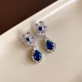Elegant vintage style flower and blue teardrop zircon dangle earrings in silver setting - 46# Silver Needle - Silver - Blue - Teardrop