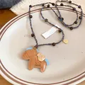 Exquisite luxury leather horse pendant long sweater chain necklace with gold money bag charm - Coffee Leather Horse Long Sweater Necklace (30#)