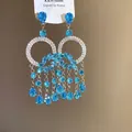 Elegant blue crystal tassel earrings with hollow circular geometric design in silver - 35# Silver Earring Post - Silver - Blue