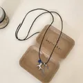 Minimalist horse pendant necklace with blue bead and silver tassels on black cord - Black Adjustable Silver Horse Tassel Necklace (2#)