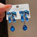 S925 silver needle blue bow drop earrings with teardrop zircon and tassel detailing - 36# Silver Pin - Silver Blue