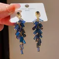 Vintage blue crystal tassel earrings with a gold finish and S925 sterling silver needles - 37# Silver Earring Post - Gold - Blue