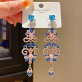 Vintage palace style long drop earrings with blue heart zircon and pink crystals - 43# Silver Needle - Silver - Blue - Pink