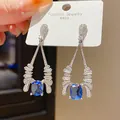 Retro palace style geometric drop earrings with blue zircon and S925 silver needle - 44# Silver Earring Post - Silver - Blue