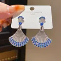 Elegant S925 silver needle fan-shaped drop earrings with blue zircon in vintage style - Fan Shaped Style (45#) / Blue
