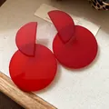 Close-up detail of retro red acrylic geometric drop earrings on linen background - Silver Earring Post - Red