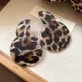Detailed close-up view of vintage leopard print asymmetric circular acrylic dangle earrings - Silver Earring Post - Coffee