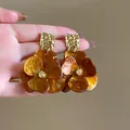 Vintage Maillard style resin flower earrings with amber marble texture and gold hammered studs - Gold Square Amber Petal (25#) / Brown