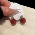 Elegant red pearl drop earrings with sparkling zircon and silver needles for women - Round Bead Style / Red
