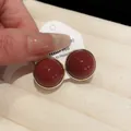 Vintage glossy dark red dome stud earrings with golden edging and 925 silver needles - Round Style / Red