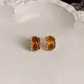 Close-up detail of amber brown resin earrings with elegant gold-toned metal accents - Semi-Circular Hoop Style
