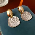 Eleganti orecchini geometrici vintage con pendente a foglia bicolore oro e argento - Stile Perno Argento - Bicolore Geometrico (47#) / Oro-Argento