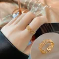 Elegant gold-plated adjustable open ring with hollow geometric rectangular link design - Hollow Mesh